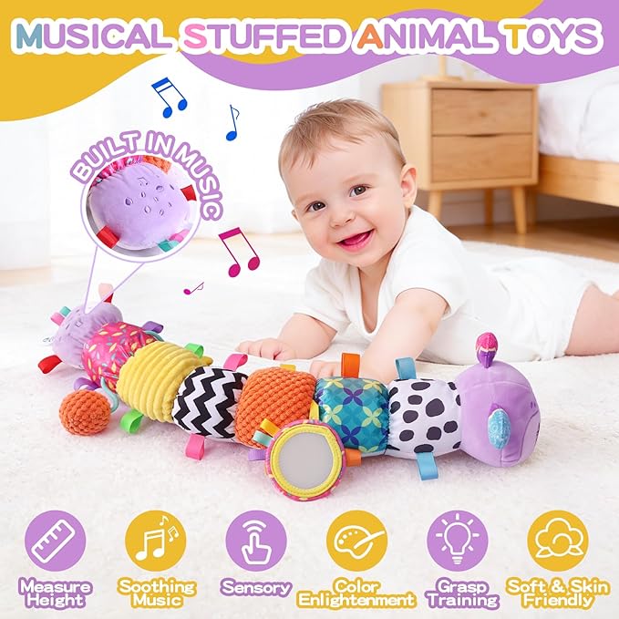 Baby Toys 0-6 Months, Musical Toys for Purple Caterpillar, Infant Stuffed Animal Soft Sensory Toys with Crinkle、 Rattles and Textures, Tummy Time Toys for Newborn Boys Girls 0 3 6 12 Months