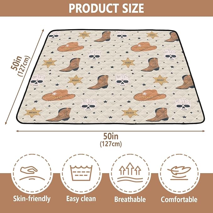 Baby Play Mat Cowboy Western Skull Hat Boots 50 x 50 Playpen Mat Baby Play Mats for Floor Play Gym Crawling Mat Non-Slip Cushioned Baby Playmat for Infants, Babies, Toddlers