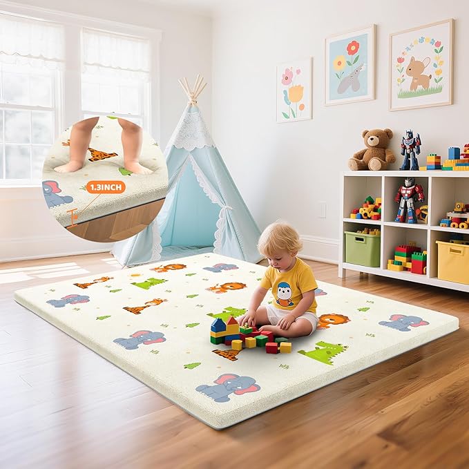 Omzer Baby Play Mat for Floor - 1.3" Thick Foam 65x50 Inch Playpen Mats with Removable & Washable Cover for Tummy Time, Soft Coral Velvet & Non-Slip Crawling Pad for Babies, Toddlers, Infants - Beige