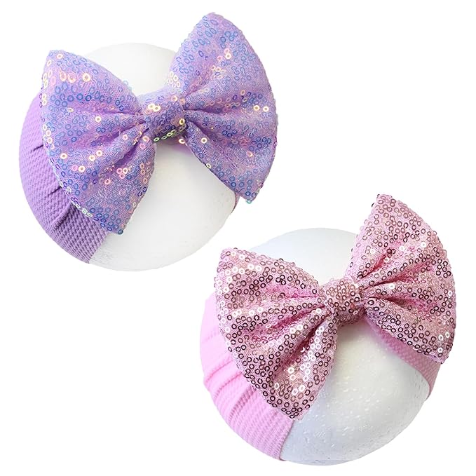 Hairband, 7" Sequin Bow Baby Headbands - Purple & Pink, Elastic Wide Hairbands for Baby Girls Newborn and Infant Hair Accessories Gift, One Size Fits All, Soft, 1 Set of 2 Pieces
