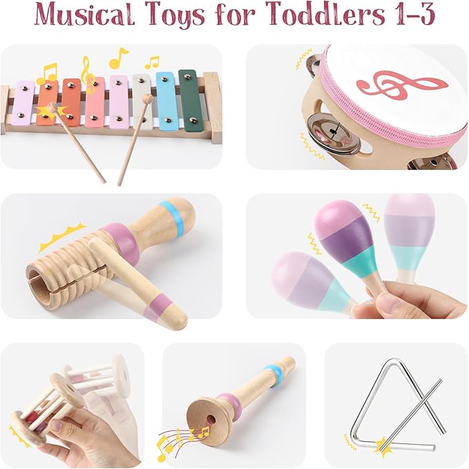 Toyssa Baby Musical Instruments, Montessori Wooden Musical Toys for Toddlers 2-3 with Xylophone Maracas Tambourine and Gift Box Kids Preschool Educational Birthday Gifts for 2 3 4 5 Year Old