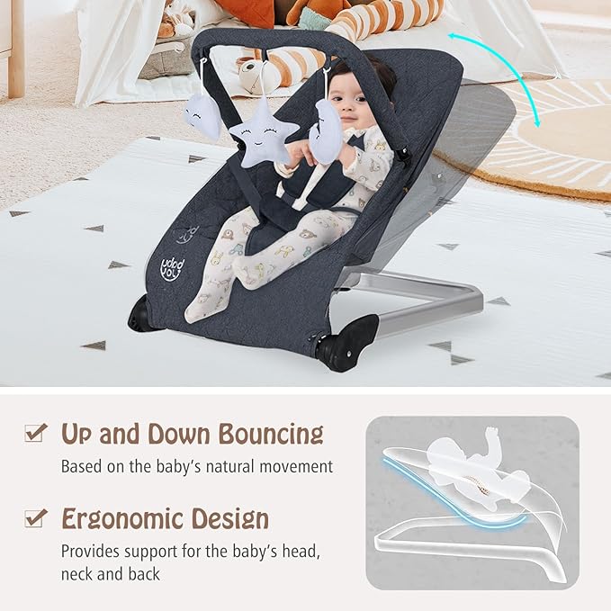 BABY JOY Baby Bouncer, Foldable Baby Bouncer Seat with 5-Point Safety Harness, Removable Fabric Cover & 3 Plush Toys, Portable Infant Bouncer for Babies 0-6 Months (Dark Grey)