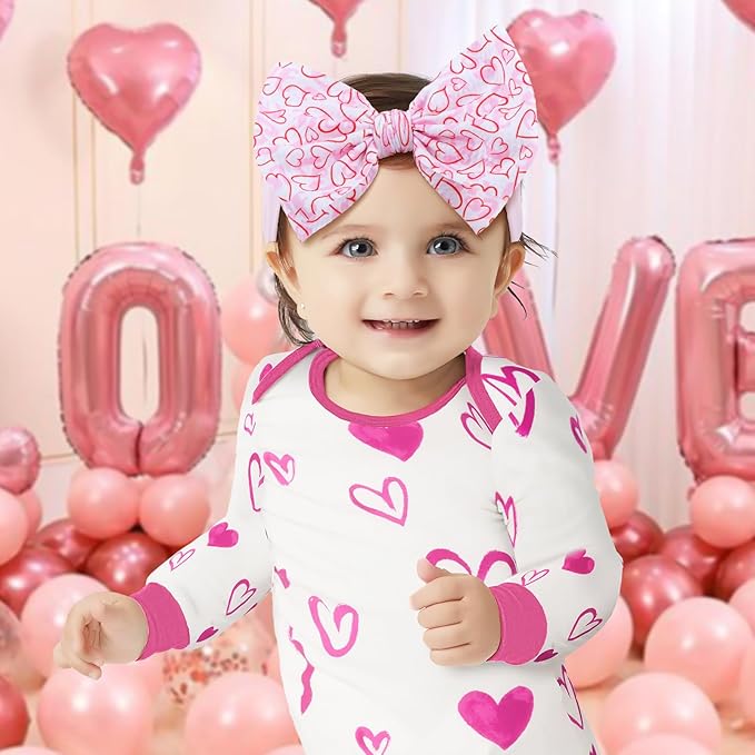 Valentine's Day Baby Bow Headbands for Girls Handmade Pink Love Heart Soft Nylon Baby Hairbands Head Wrap Hair Accessories for Infant Toddler Kid 2Pcs