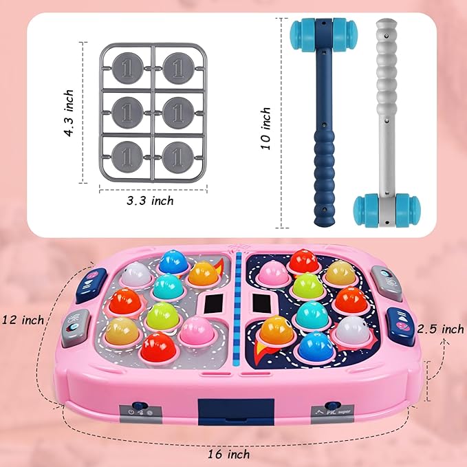 WAYKEE Whack a Game Mole, Toys for Ages 3-4 5-7 8-12 Girls Boys, Whack Game for Toddlers, Gifts for 3 4 5 6+ Year Old Girls Boys, Early Learning Educational Toys with 2 Hammers Sound & Light