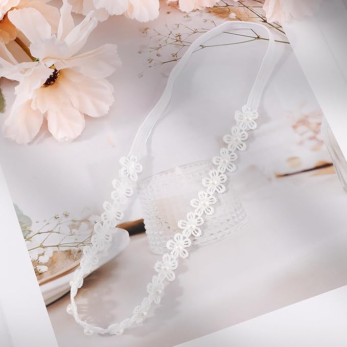 Adjustable Baptism Headband for Girl, White 15.75 inch Lace Baby Headband Baptism Hair Accessories for Girls, White Newborn Bow Flower Christening Hairband with Pearl for Toddlers Baptism