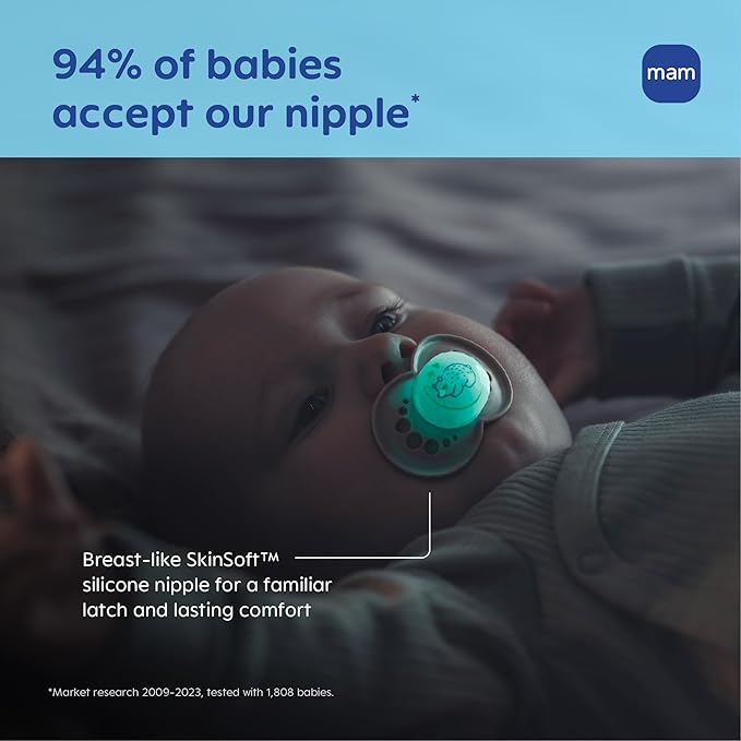 MAM Original Baby Pacifiers 16+ Months, Binky for Newborn Babies, BPA-Free Skin Soft Silicone Nipple, Glows in The Dark, Developed with Medical Experts, 4 Count, Made in Europe