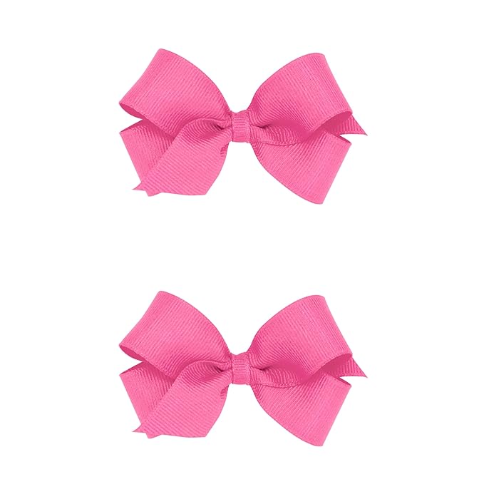 Wee Ones Girls 2 Pack Grosgrain Hair Bows with Plain Wrap Centre on a Wee Stay No Slip Clip, Mini, Hot Pink