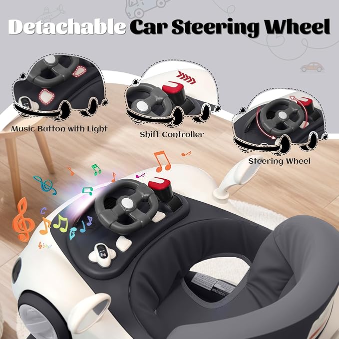 Baby Walker, 4-in-1 Baby Walker with Wheels Portable, Foldable Infant Toddler Walker for Boys Girls 6-18 Month,Removable Footrest,Car Steering Wheel & Music, Adjustable Push Walker Black