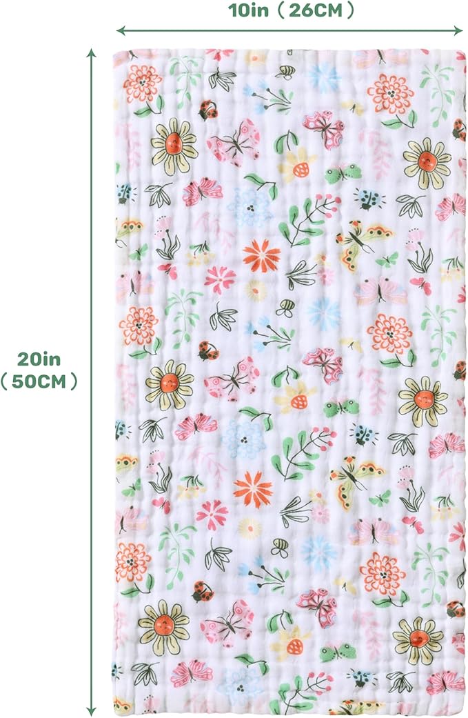 Viviland Baby Muslin Burp Cloths, Super Absorbent Washcloths for Baby Girl and Boy, 10 x 20 inches 6-Layer Baby Bath Towels, Flowers & Butterflies 4 Pack