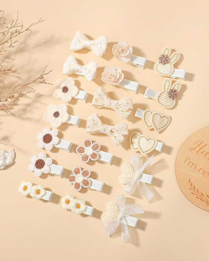 Jollybows 20Pcs Baby Bow Clips Toddler Hair Clips Baby Girl Hair Clips Fully Covered Barrettes Bows, Hearts, Flowers, Bunnies Clips for Hair Accessories for Babies and Kids