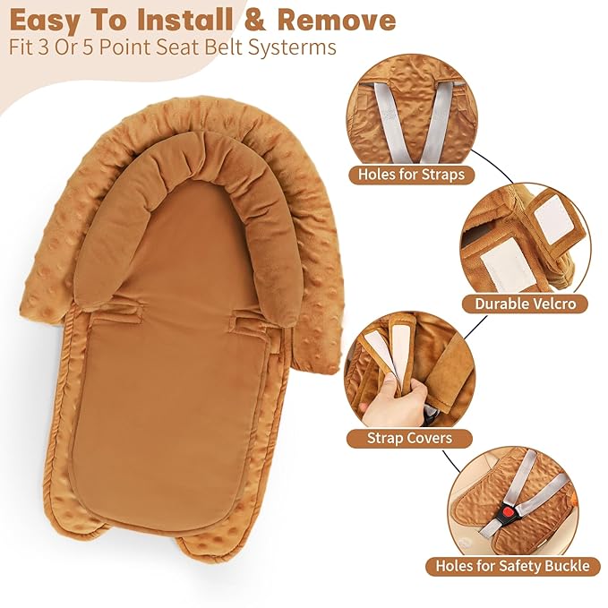 Infant Car Seat Insert, HNHUAMING Baby Car Seat Head & Body Support with 2 Straps Pads, Ultra Soft Newborn Preemie Carseat Insert Cushion for Girls Boys, Fits Car Seat, Stroller, Swing, Bouncer, Brown