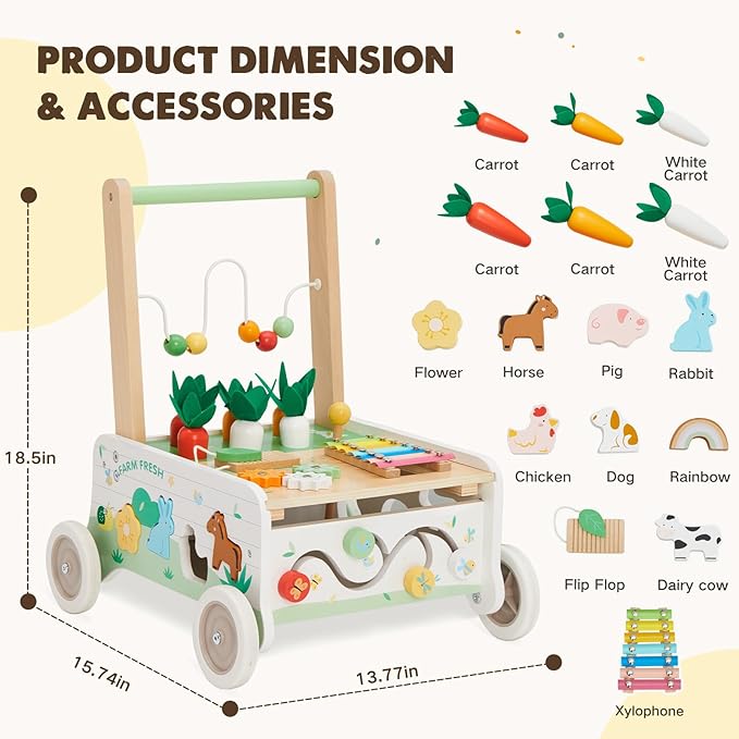 Wooden Baby Walker, Baby Push Walker, Adjustable Speed Baby Walker with Wheel, Toddler Activity Center Toys, Montessori Farm Walker Toy with Shape Sorter, Carrot Harvest for Boys and Girls