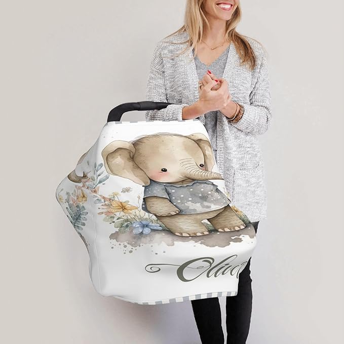 Personalized Elephant Baby Car Seat Cover with Name,Multi-Use Canopy for Nursing, Strollers,Shopping Carts,Customized Breastfeeding Cover, Full Privacy,Infant Stroller Cover