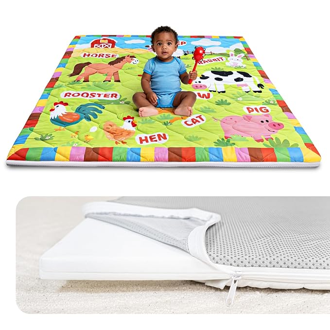 Foam Baby Play Mat 50x50, Removable and Machine Washable Cover, Thicken Cushioning Playmat and Perfect for Playpen, Non-Slip Bottom, Easy to Clean for Infants, Toddlers & Babies(Farm)