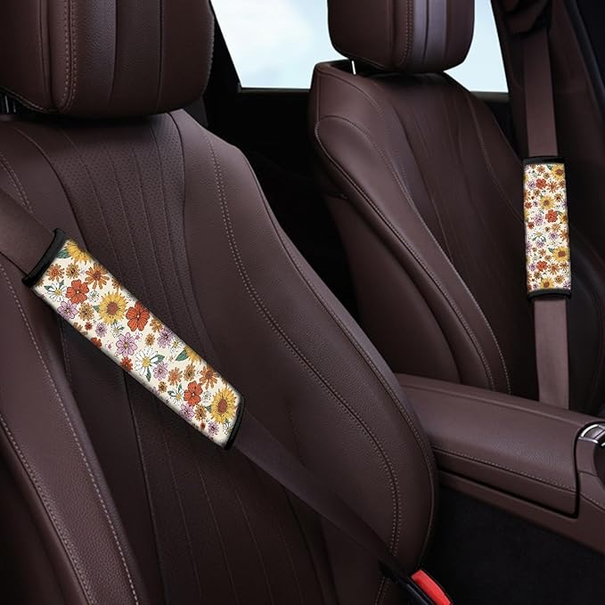 UNICEU Groovy Sunflower Floral Car Interior Safety Shoulder Seatbelt Strap, Soft Neoprene Car Seatbelt Cover for Women Kids Safety Shoulder Strap Pads