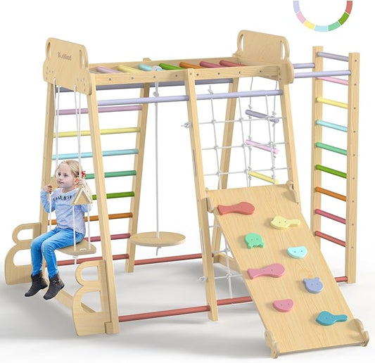 BlueWood Upgraded Indoor Jungle Gym 9-in-1 Playground Kids Climbing Toys, Waldorf Style Wooden Climber Playset with Slide, Swing, Monkey Bars, Upright/Rope Ladder, Climb Net, Rainbow