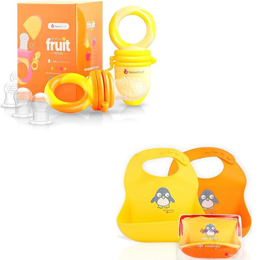 NatureBond Baby Food/Fruit Feeder (2 Pack) and Silicone Baby Bibs (Set of 2 w/Carry Pouch) Bundle