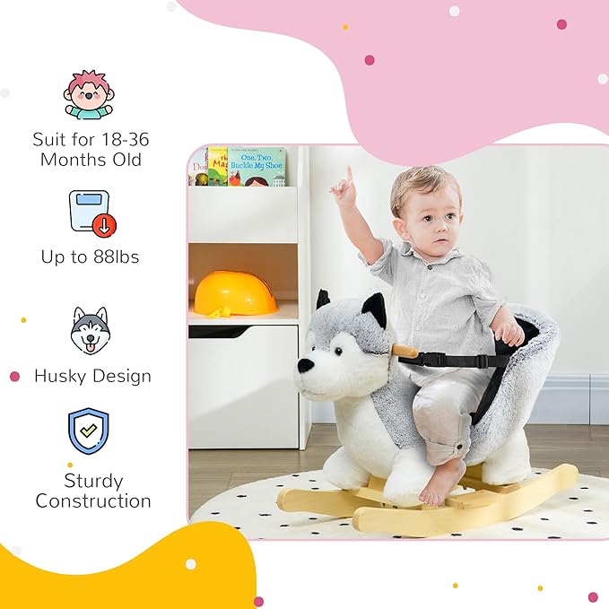 Qaba Wooden Rocking Horse, Husky Themed Rocking Animal for Baby, Animal Rocker Ride-On Toy for Kids 18+ Months with Realistic Sounds, Seat Belt, Gray