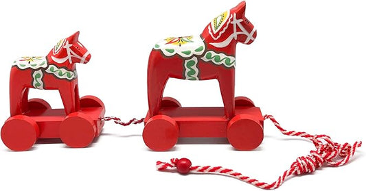 Red Wooden Pull Toy Dala Horse (2 Horses)