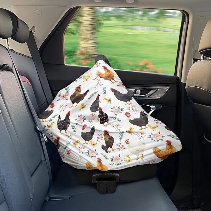 Binienty Babies Car Seat Cover - Rooster Floral Car Seat Covers for Baby Girls Boys Stretchy Multi-Use Breastfeeding Scarf for Moms, Newborn Essentials Baby Shower Gifts