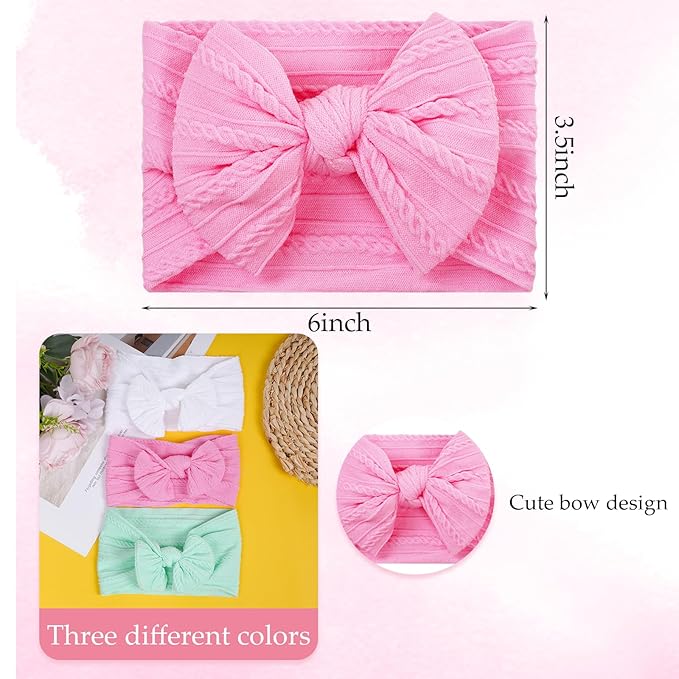 baotongle 3pcs Baby Girls Headbands Soft Stretchy Nylon Hair Bands Hair Accessories with Bows for Newborn Baby Girls Infant Toddlers Kids(White,Light Green,Deep Pink, 5.7inches)