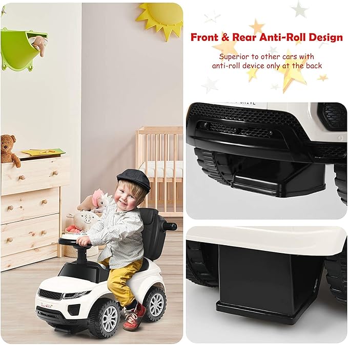 GLACER Push Cars for Toddlers 1-3, 3-in-1 Kids Sliding Car with Detachable Guardrail, Horn, Music, Lights, Storage Box and Anti-Roll Design, Ride on Push Car for Boys Girls(White)