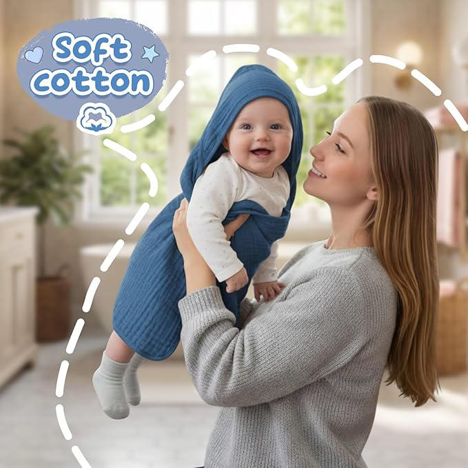 Breling 6 Pcs Muslin Hooded Baby Bath Towel, Hand Towels and Washcloth Set, 36"x 36" Cotton Newborn Bath Towel Cotton Absorbent Blanket Unisex Newborn Gift Essentials for Girl Boy (Blue,Grey)