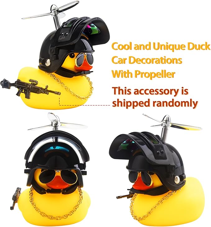 wonuu Rubber Duck Car Ornaments Cool Yellow Duck Car Dashboard Decorations Squeaky Glasses Duck with Propeller Helmet for Car ccessories Dashboard (Full_Black-Yellow G)