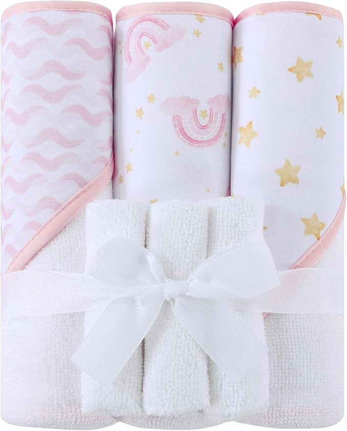 Viviland 6 Pcs Hooded Baby Towels and Washcloths Set, Super Gentle Bath Towels for Newborn Face & Body, Absorbent Wash Cloth for Infants Girls, Pink-Rainbow Pattern, 28 x 28 inch