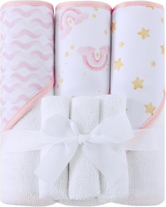 Viviland 6 Pcs Hooded Baby Towels and Washcloths Set, Super Gentle Bath Towels for Newborn Face & Body, Absorbent Wash Cloth for Infants Girls, Pink-Rainbow Pattern, 28 x 28 inch