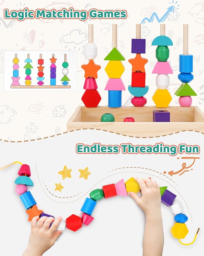 Montessori Toys for 3 Year Old, Stacking Toys for Toddlers, Stacking Blocks, Lacing Beads, Matching Shape Preschool Toys, Montessori Toys for 3 4 5 Year Olds with Canvas Storage Bag