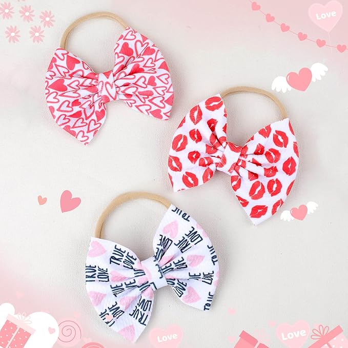 Valentine's Day Baby Headbands Pink Red Love Heart Printed Elastic Nylon Valentines Hairbands for Baby Girls Newborn and Infant 3 Pcs (Valentine's Day- A)