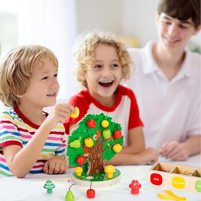 Woodtoe Toddler Fine Motor Skill Toys, Montessori Wooden Sensory Toys for Toddlers 3 4 5 6 Year Old, Apple Picking Magnetic Tree Toy, Color Sorting and Matching Game, Educational Learning Gift for Kid
