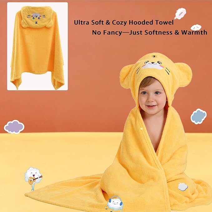 Toddler Baby Bath Towel with Hood 27.5"X55" Ultra Absorbent Soft Cozy Comfort Bathrobe Blanket, 0-6 Years Infant Shower Towel for Girls & Boys(Sunset Yellow)