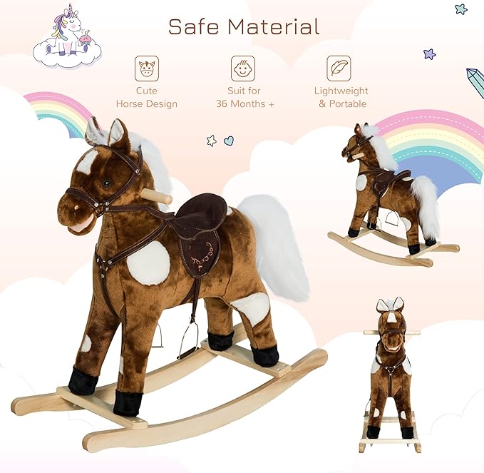 Qaba Kids Metal Plush Ride-On Rocking Horse Chair Toy with Nursery Rhyme Music - Dark Brown