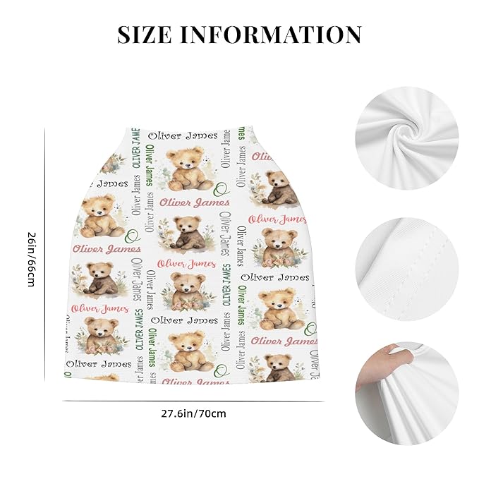 Personalized Baby Car Seat Covers for Babies, Custom Bear Nursing Breastfeeding Carseat Canopy with Name, Infant Stroller Covers for Newborn Girls Boys, Breathable Carseat Cover