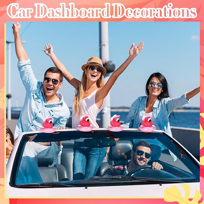 Sotiff Rubber Flamingo Pink Flamingo Rubber Ducks Squeaky Mini Ducks with Mini Hats Swim Ring Gold Chain and Sunglasses for Car Decor Summer Birthday Swimming Party Gift Favor