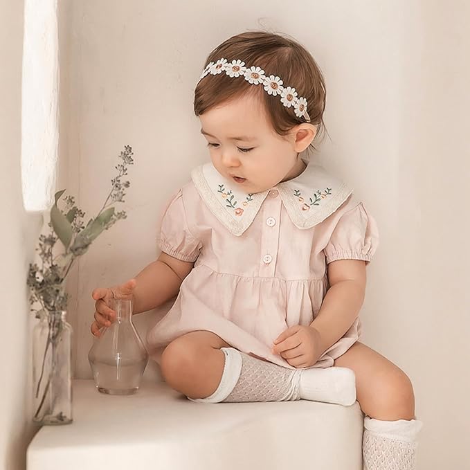 Baby Girls Flower Crown Headband Lace Handmade Floral Headbands Soft Elastic Band Daisy Hairband Newborn Infant Toddler Kids for Christening Baptism Birthday Party (White, Daisy)