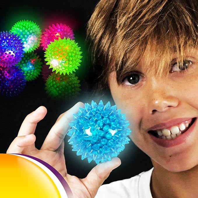 JA-RU Light Up Spiky Balls for Kids (24 Pack) – Light Up Bouncy Balls, Spiky Fidget Toys for Stress Relief, Sensory Bin Filler, Bulk Party Favors, & Classroom Prizes. 695-24p