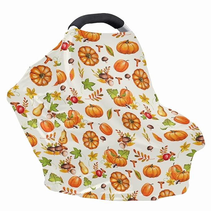 Coldinair Fall Pumpkin Print Baby Nursing Cover & Nursing Carseat Canopy Cover Thanksgiving Day Leaf and Mushroom Multi Use Cover for Baby Car Seat Canopy, Shopping Cart Cover, Stroller Cover