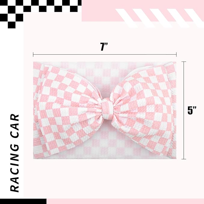 YanJie 7’’ Pink Checkered Bow for Baby Girl Racing Bows Plaid Headbands for Newborns Infants Toddlers Two Fast Birthday Girls Hair Accessories