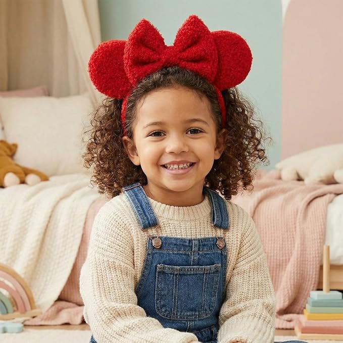 Adjustable Wool Mouse Ears Elastic Headband with Bow, Fluffy Fleece Hair Bow Hairband for Infant Toddlers Baby Girls