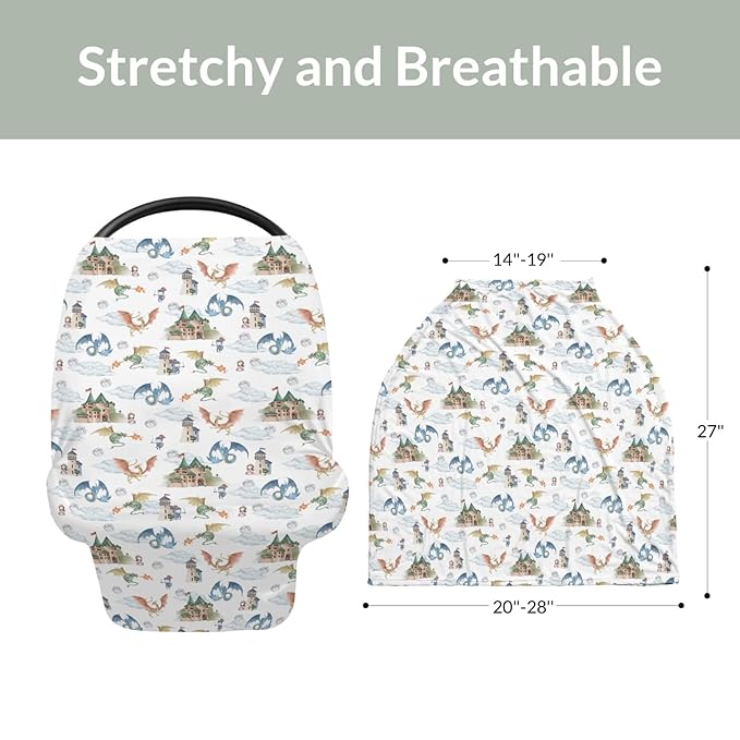 Fairytale Dragon and Knights Car Seat Cover for Babies Fantasy Dragons Princess Castle Stretchy 5-in-1 Cover Adjustable Infant Carseat Cover Canopy Moon Clouds Breathable Nursing Cover-Up