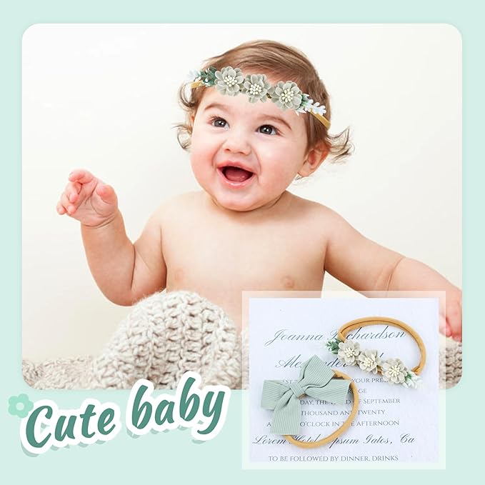 Dizila 6 Pieces Super Soft Stretchy Green Khaki White Baby Girl Nylon Bow Flower Headbands Floral Lace Headbands Hair Accessories for Newborns Infants Toddlers Girls Kids
