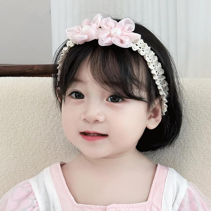 Baby Girls Hairbands Lace Flowers Headband Handmade Soft Stretchy Colorful Flower Hairband Newborn Headbands with Pearls Elastic Hairbands for Infant Head Band (Two Pink Flowers and Pearls)