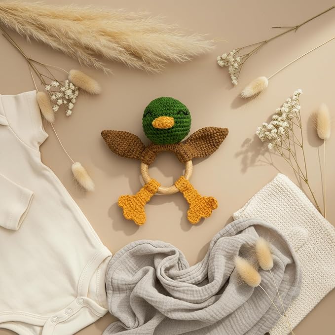 Wooden Baby Rattle for Boys and Girls, Crochet Stuffed Animal for Newborn, 3 4 5 6 Month Toys, Mallard Duck