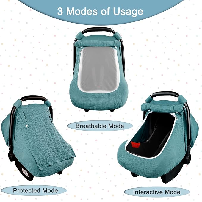 Muslin Car Seat Covers for Babies, Summer Baby Car Seat Cover for Boys Girls with Breathable Window, Lightweight Infant Car Seat Canopy, Blue