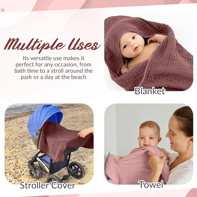Hahafelt 6 Pcs Muslin Hooded Bath Towels Washcloths and Bibs Set, Muslin Cotton Baby Towels Absorbent Hooded Blanket Towel Infant Bibs for Boys Girls Newborn Infant Essential (Dusty Rose, Deep Rose)
