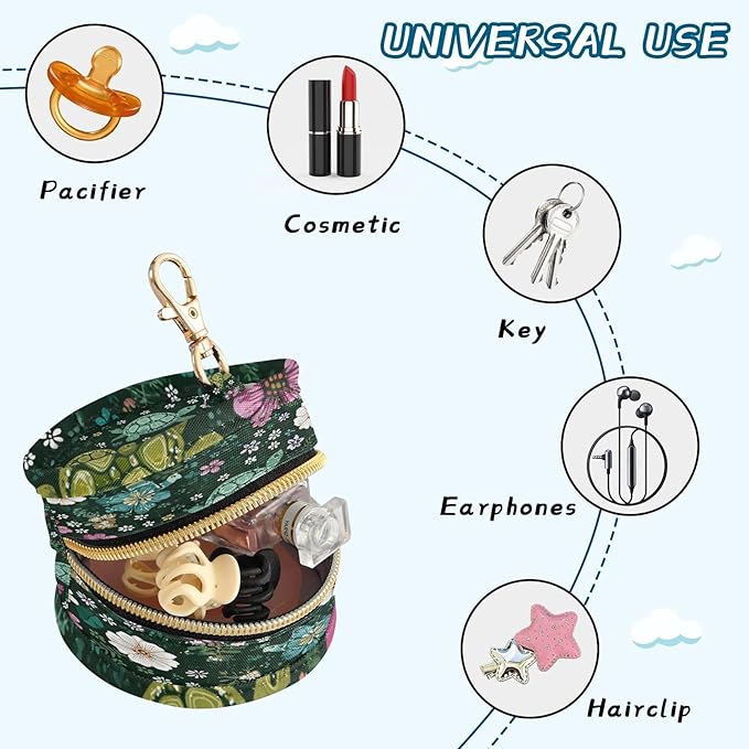 Pacifier Holder with Clip Pacifier Case for Diaper Bag Round Baby Pacifier Pouch Box Bag Portable Dark Green Turtles and Cute Flowers