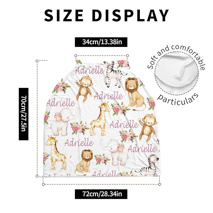 Personalized Baby Car Seat Cover Stroller Canopy: Custom Name Newborn Baby Boy Girl Elastic Animals Nursing Cover for Moms First Birthday Gift Giraffe Monkey(one Size)